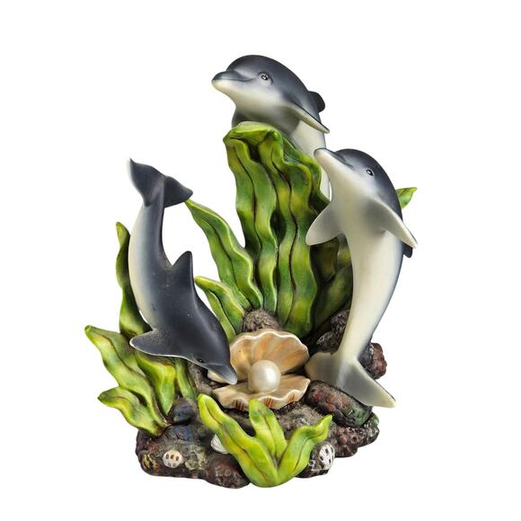 VINTAGE UNISEX MULTICOLOR THREE DOLPHINS CLAM SHELL FIGURINE - 6.75" - Picture 1 of 6